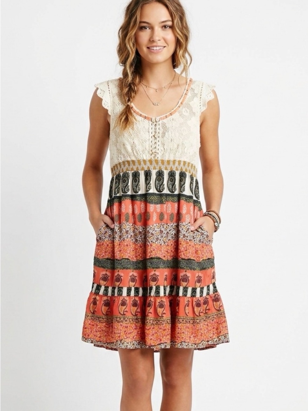 Sarina Paris Boho Crochet Mini Dress - Hand-Stitched Details & Mixed Print -L